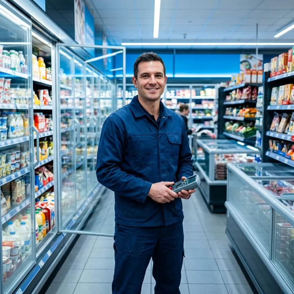 Técnico Comercial da Zero Grau regulando equipamento Eletrofrio